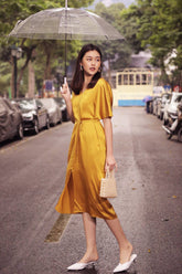 Silk Midi Dress with Kimono Sleeves and Tie Waist Detail